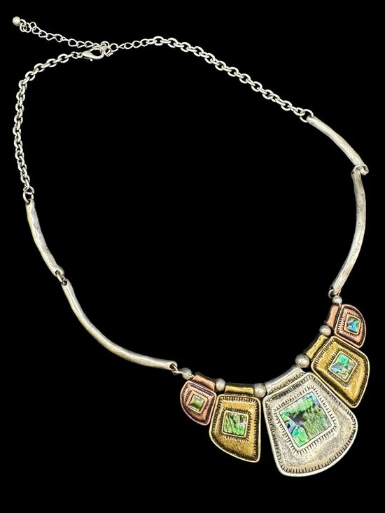 unmarked Jewelry - Tribal Necklace Silver Gold and Copper Tone Abalone Shell Accents